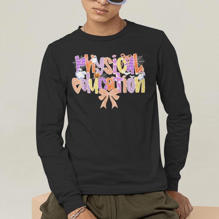 Physical Education Halloween Bow Checkered Teacher Ghost PE Men's Long Sleeve T-Shirt, funny gift