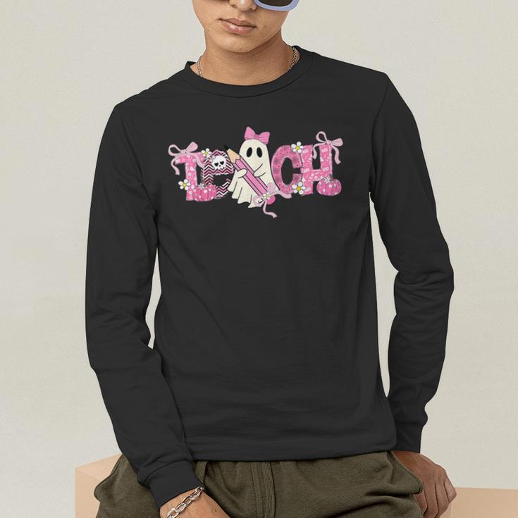 Pink Ghost Teach Halloween Teacher In Spooky Season Men's Long Sleeve T-Shirt, funny gift
