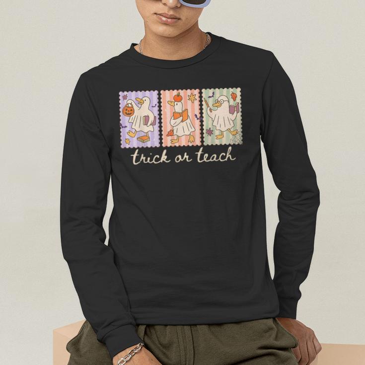 Preppy Goose Teacher Trick Or Teach Halloween Teacher Goose Men's Long Sleeve T-Shirt, funny gift Preppy Goose Teacher Trick Or Teach Halloween Teacher Goose Men's Long Sleeve T-Shirt, funny gift