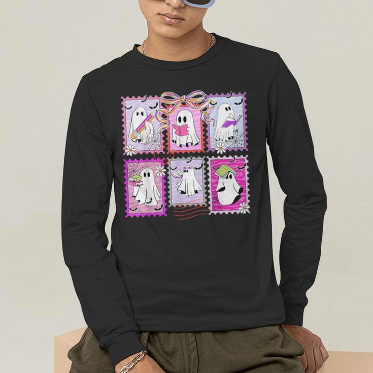 Preppy Spooky Teacher Halloween Ghost Coquette Bow Autumn Men's Long Sleeve T-Shirt, funny gift Preppy Spooky Teacher Halloween Ghost Coquette Bow Autumn Men's Long Sleeve T-Shirt, funny gift