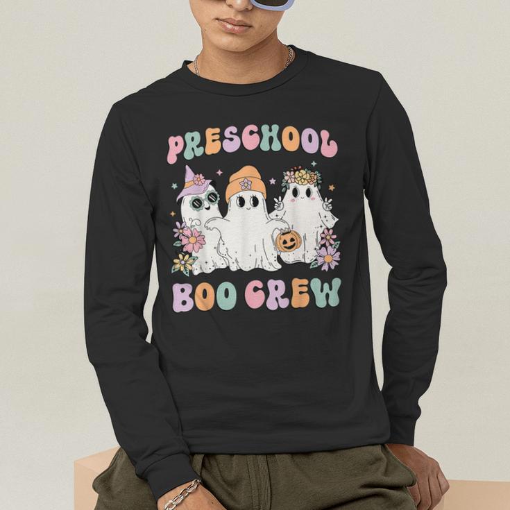 Preschool Boo Crew Groovy Halloween Floral Ghost Teacher Men Women Kids Men's Long Sleeve T-Shirt, funny gift