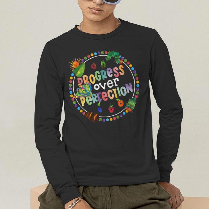 Progress Over Perfection Caterpillar Back To School Teacher Men's Long Sleeve T-Shirt, funny gift