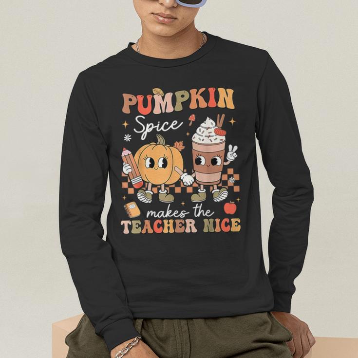 Pumpkin Spice Makes Teacher Nice Retro Fall Spooky Season Men's Long Sleeve T-Shirt, funny gift Pumpkin Spice Makes Teacher Nice Retro Fall Spooky Season Men's Long Sleeve T-Shirt, funny gift