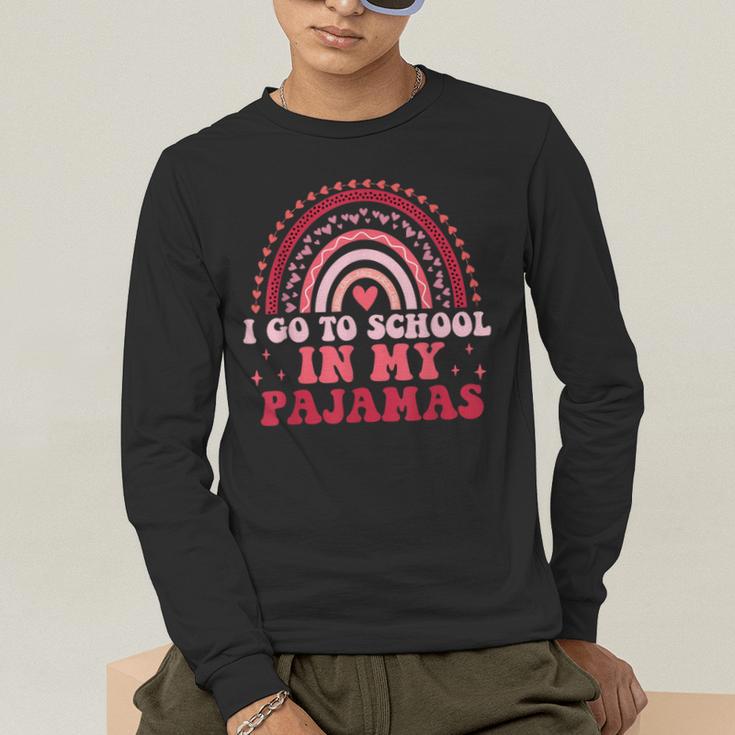 Rainbow Homeschool Mom Teacher I Go To School In My Pajamas Men's Long Sleeve T-Shirt, funny gift