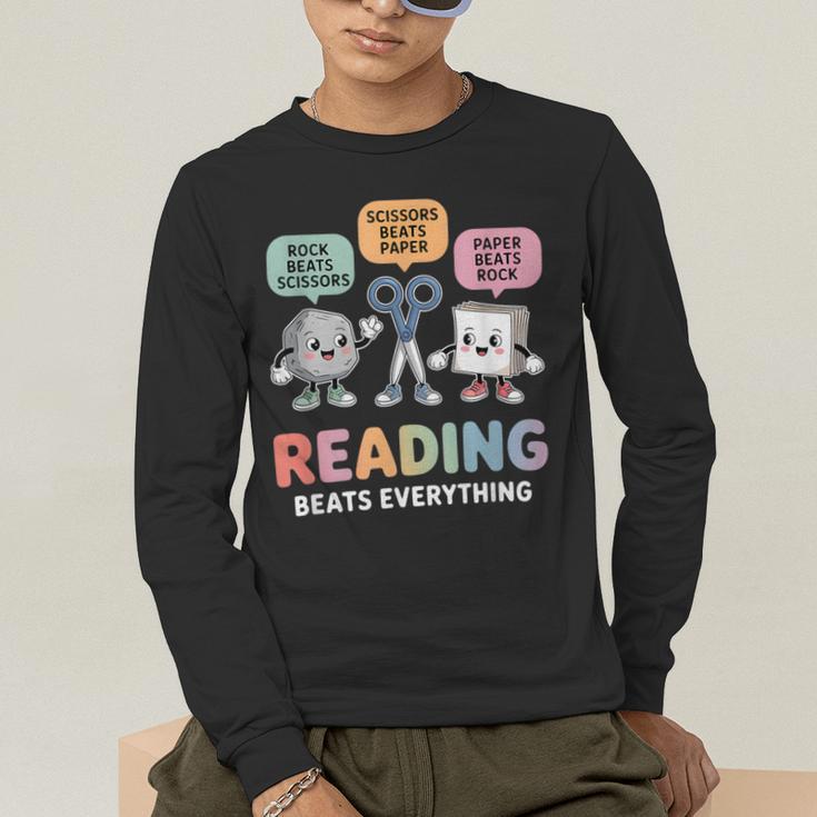 Reading Beats Everything Teacher Rock Paper Scissors Men's Long Sleeve T-Shirt, funny gift Reading Beats Everything Teacher Rock Paper Scissors Men's Long Sleeve T-Shirt, funny gift