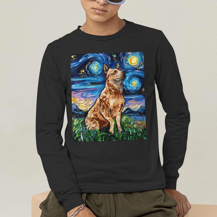 Red Heeler Starry Night Cattle Dog Colorful Art By Aja For Men Women Girls Kids Men's Long Sleeve T-Shirt, funny gift
