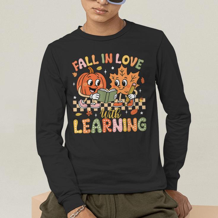Retro Fall In Love With Learning Autumn Pumpkin Teacher Kids Men's Long Sleeve T-Shirt, funny gift Retro Fall In Love With Learning Autumn Pumpkin Teacher Kids Men's Long Sleeve T-Shirt, funny gift