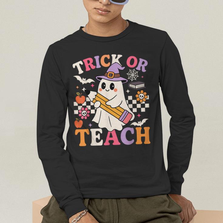 Retro Floral Ghost Trick Or Teach Groovy Teacher Halloween Men's Long Sleeve T-Shirt, funny gift