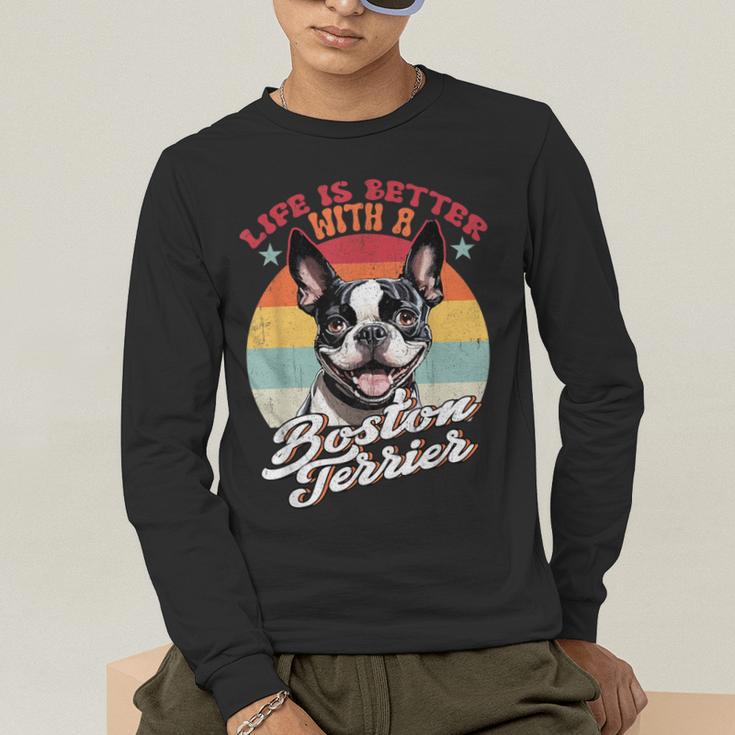 Retro Life Is Better With Boston Terrier Mom Dog Lover Men's Long Sleeve T-Shirt, funny gift