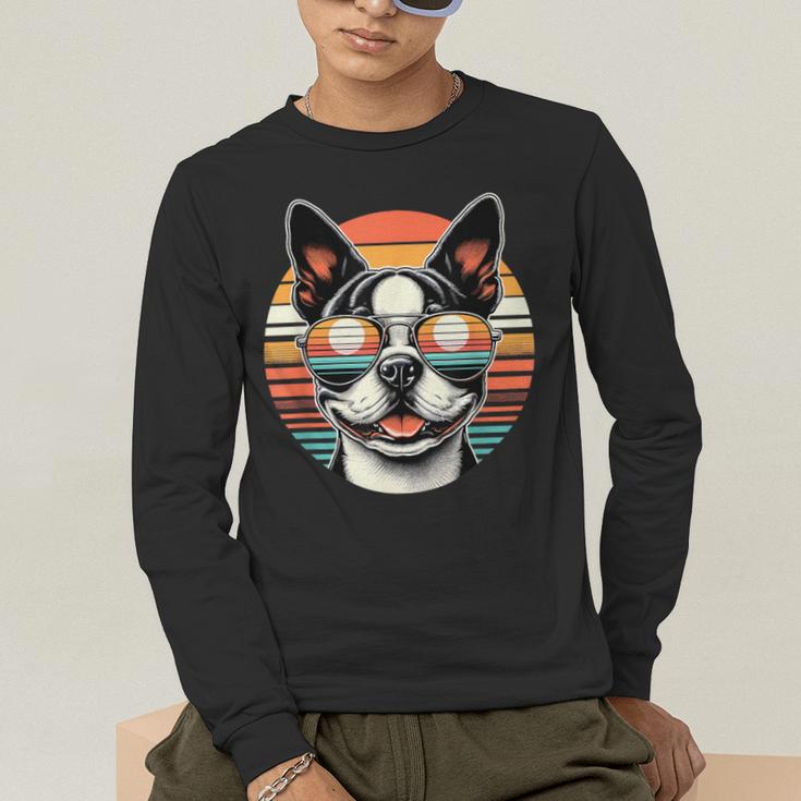 Retro Sunset Sunglasses Boston Terrier Boston Bull Bostie Men's Long Sleeve T-Shirt, funny gift