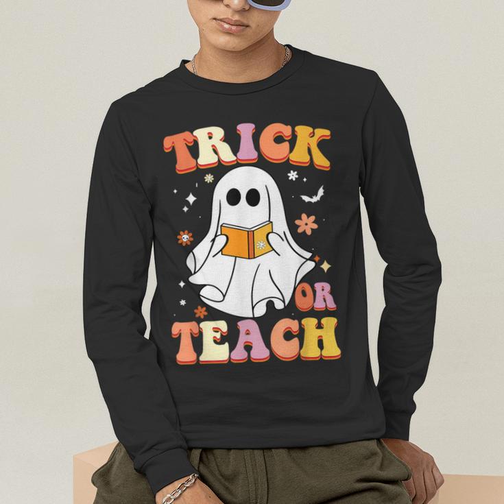 Retro Vintage Groovy Trick Or Teach Teacher Halloween For Men Women Kids Men's Long Sleeve T-Shirt, funny gift