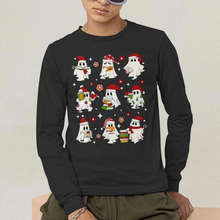 Santa Ghost Reading Books Christmas Library Teacher Men's Long Sleeve T-Shirt, funny gift Santa Ghost Reading Books Christmas Library Teacher Men's Long Sleeve T-Shirt, funny gift