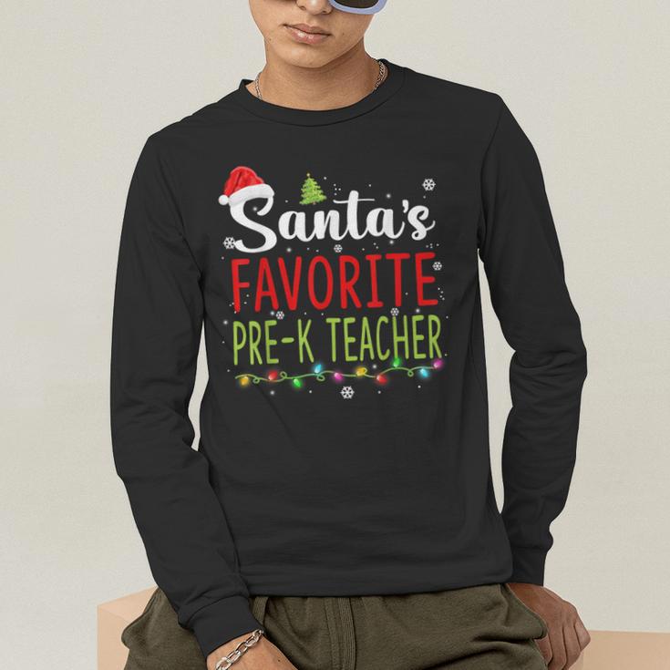 Santa's Favorite Pre-K Teacher Christmas Santa Hat Lights For Men Women Kids Men's Long Sleeve T-Shirt, funny gift