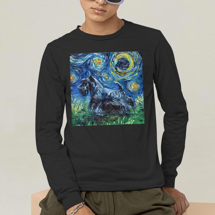 Scottish Terrier Starry Night Scotty Dog Art By Aja Men's Long Sleeve T-Shirt, funny gift