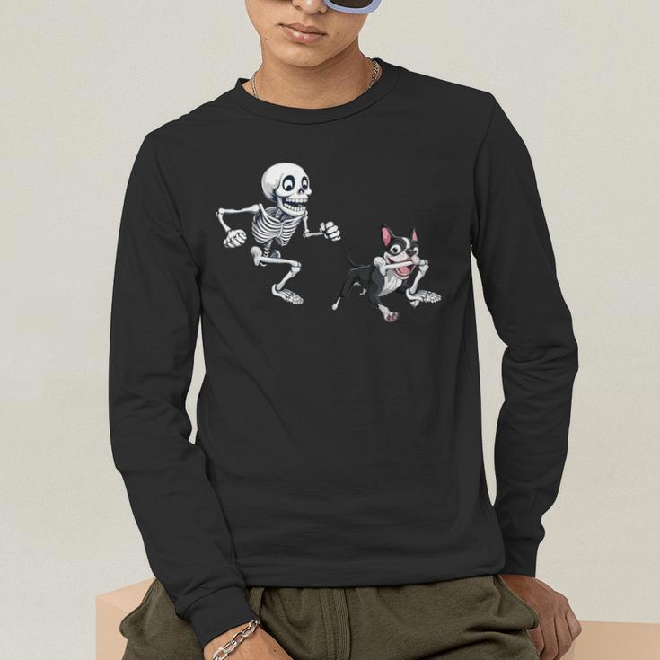 Skeleton Chasing Dog Boston Terrier Halloween Pet Lover Men's Long Sleeve T-Shirt, funny gift