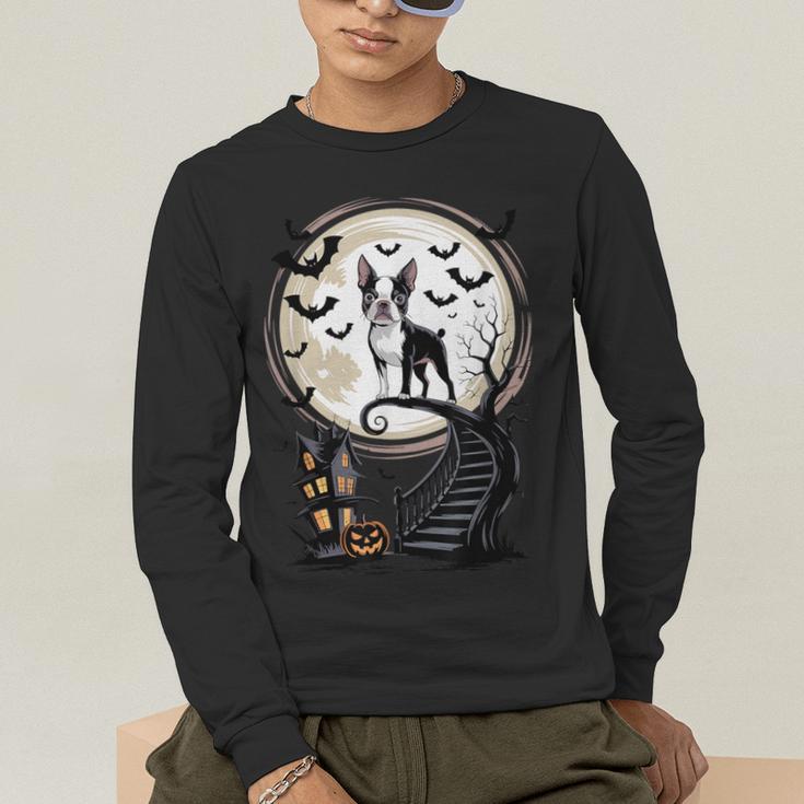 Spooky Halloween Moon Boston Terrier Boston Bull Bostie Men's Long Sleeve T-Shirt, funny gift