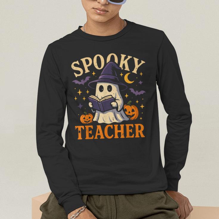Spooky Teacher Halloween Cute Ghost Pumpkin Reading Women Men's Long Sleeve T-Shirt, funny gift