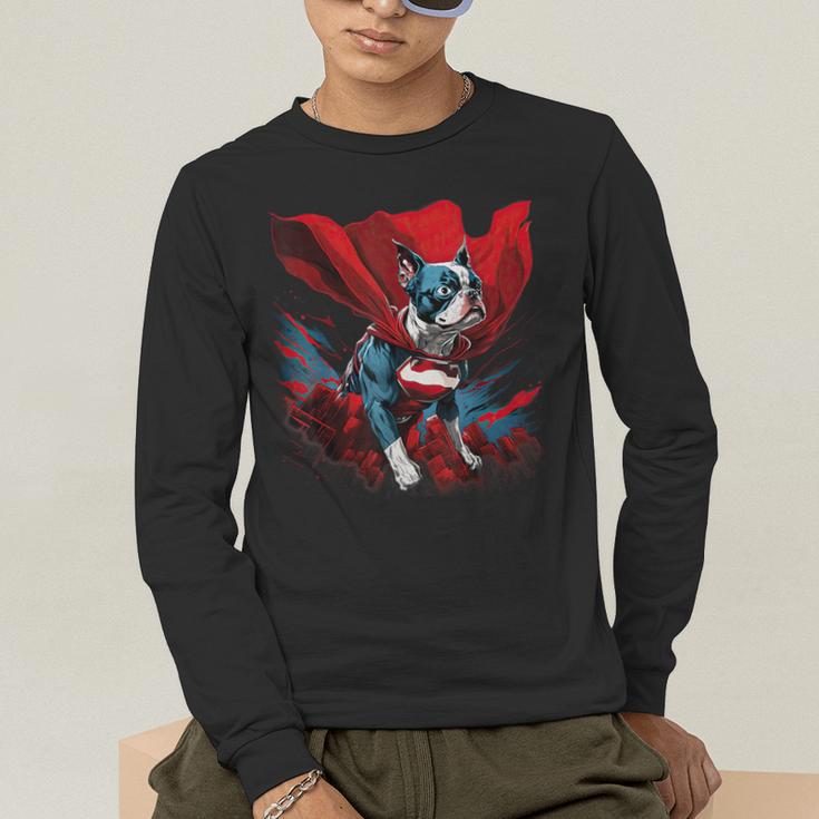 Super Power Superhero Boston Terrier Dog For Men Women Kids Men's Long Sleeve T-Shirt, funny gift