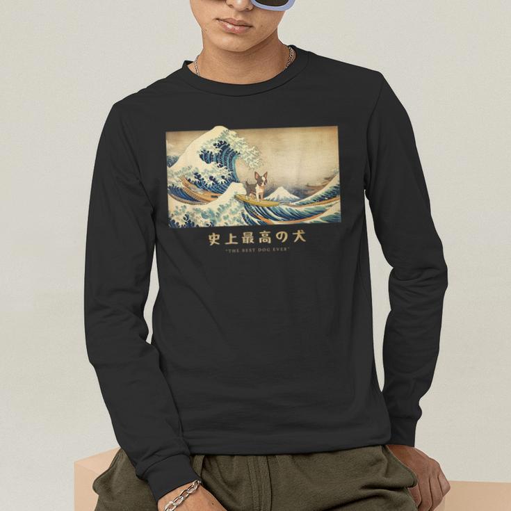Surfing Boston Terrier Kanagawa Wave Japanese Dog For Men Women Kids Men's Long Sleeve T-Shirt, funny gift