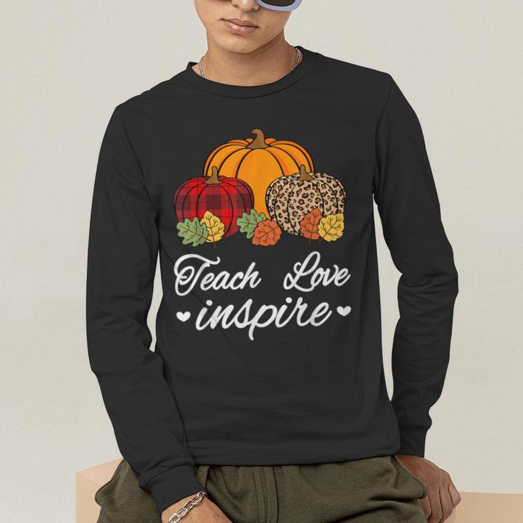 Teach Love Inspire Autumn Fall Plaid Leopard Pumpkin Teacher For Men Women Kids Men's Long Sleeve T-Shirt, funny gift