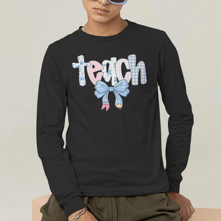 Teach Teacher Coquette Bow Pencil Back To School First Day Men's Long Sleeve T-Shirt, funny gift Teach Teacher Coquette Bow Pencil Back To School First Day Men's Long Sleeve T-Shirt, funny gift