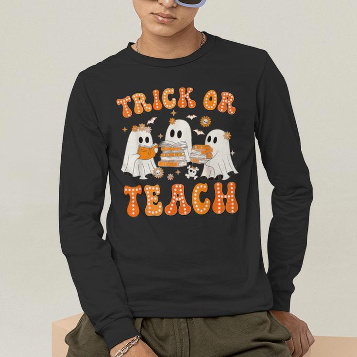 Teacher Halloween Trick Or Teach Retro Groovy Floral Ghost Men's Long Sleeve T-Shirt, funny gift Teacher Halloween Trick Or Teach Retro Groovy Floral Ghost Men's Long Sleeve T-Shirt, funny gift