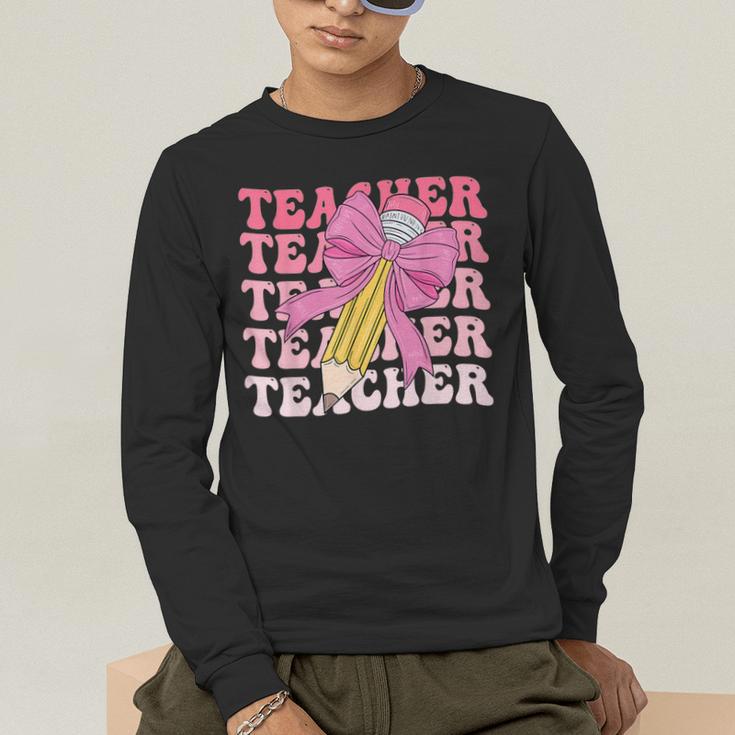 Teacher Pencil Back To School Groovy Pink Teacher First Day Men's Long Sleeve T-Shirt, funny gift Teacher Pencil Back To School Groovy Pink Teacher First Day Men's Long Sleeve T-Shirt, funny gift