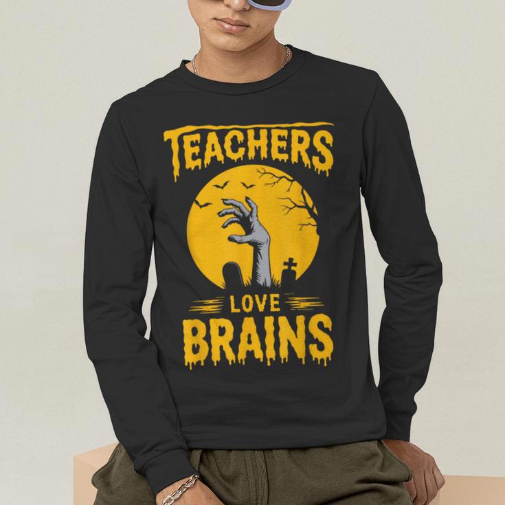 Teachers Love Brains Shirt Men Women Halloween Teacher Men's Long Sleeve T-Shirt, funny gift