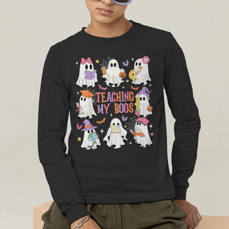 Teaching My Boos Teacher Cute Ghost Groovy Teacher Halloween Men's Long Sleeve T-Shirt, funny gift