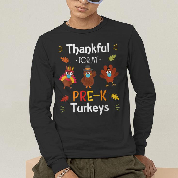 Thankful For My Prek Turkeys In Masks Thanksgiving Teacher For Men Women Men's Long Sleeve T-Shirt, funny gift