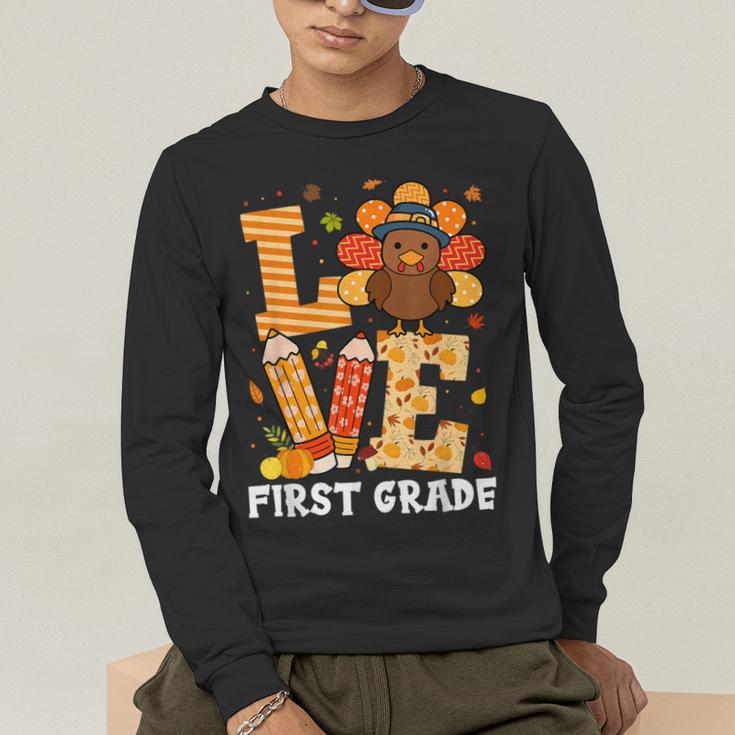 Thanksgiving Love First Grade Teacher Turkey Autumn Fall For Men Women Girls Kids Men's Long Sleeve T-Shirt, funny gift