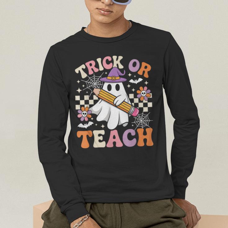 Trick Or Teach Groovy Teacher Halloween Retro Ghost Men's Long Sleeve T-Shirt, funny gift Trick Or Teach Groovy Teacher Halloween Retro Ghost Men's Long Sleeve T-Shirt, funny gift