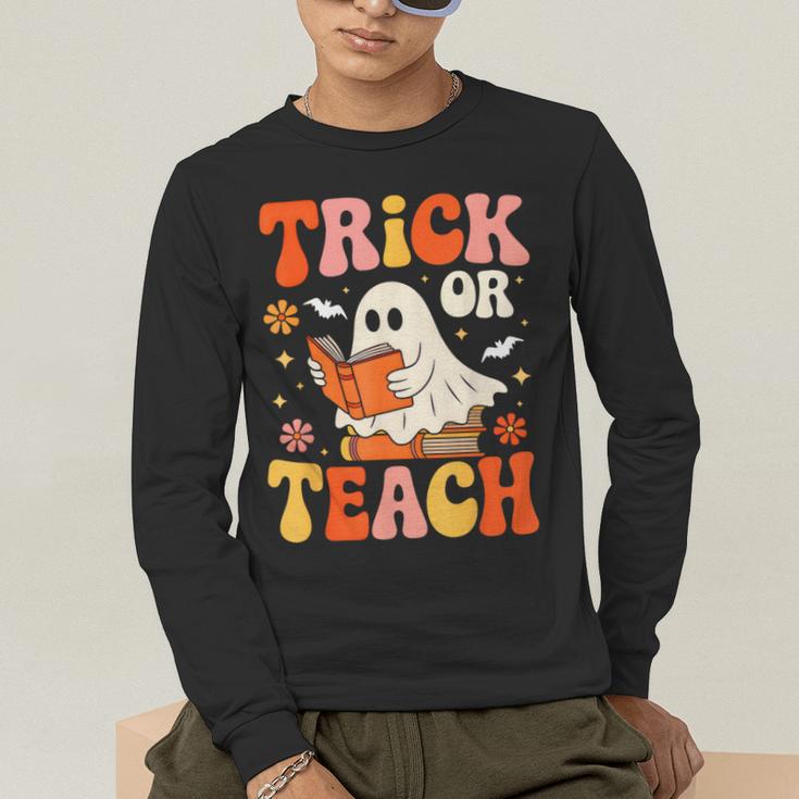 Trick Or Teach Halloween Shirt For Teacher Kids Floral Ghost Men's Long Sleeve T-Shirt, funny gift