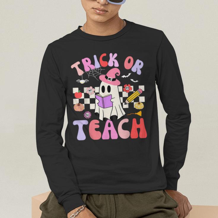 Trick Or Teach Halloween Teacher Floral Ghost Groovy Men's Long Sleeve T-Shirt, funny gift