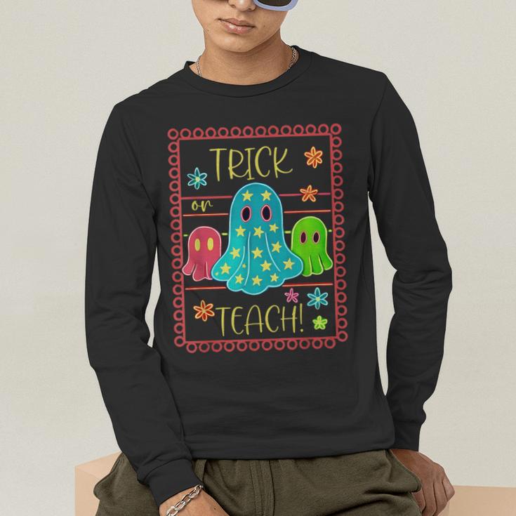 Trick Or Teach Neon Ghost Flower Teacher Spooky Halloween Men's Long Sleeve T-Shirt, funny gift