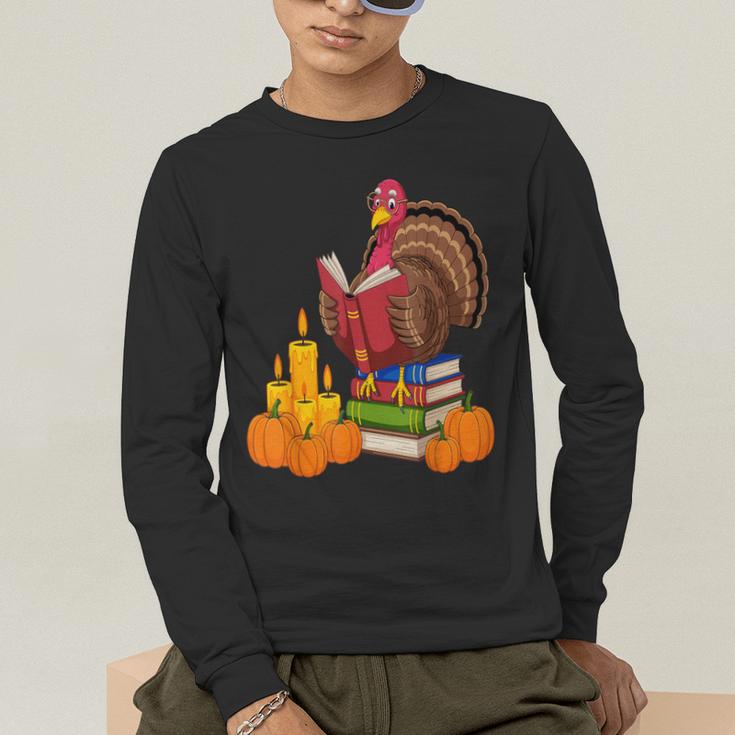 Turkey Reading Books Fall Thanksgiving Teacher Book Men's Long Sleeve T-Shirt, funny gift