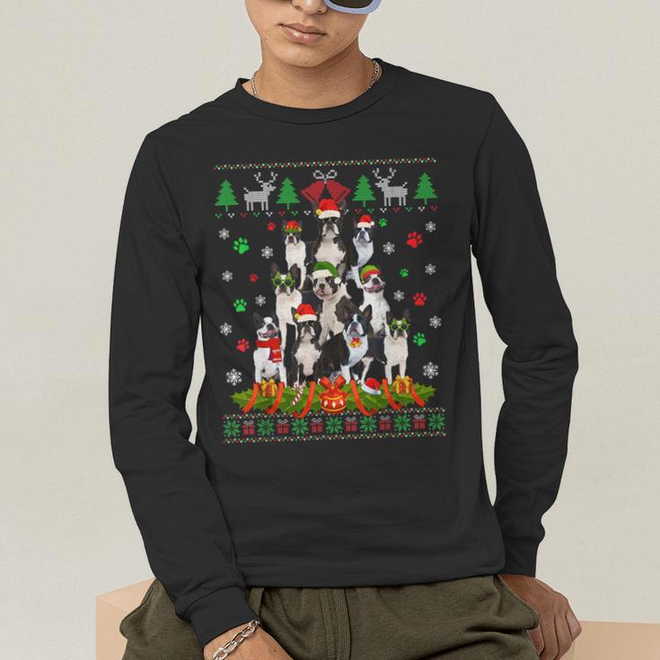 Ugly Sweater Christmas Tree Boston Terrier Dog Xmas Pajama Men's Long Sleeve T-Shirt, funny gift