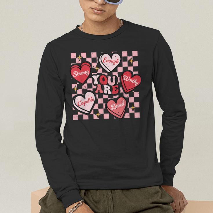 Valentine You Are Loved Worthy Enough Candy Heart Teacher For Men Women Girls Kids Men's Long Sleeve T-Shirt, funny gift