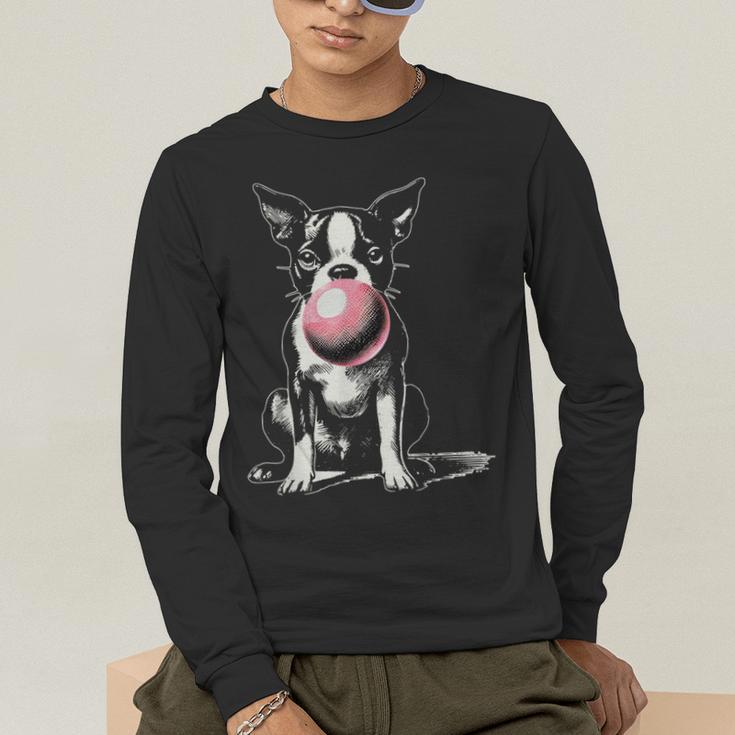 Vintage Boston Terrier Blowing Bubble Gum American Gentleman Men's Long Sleeve T-Shirt, funny gift