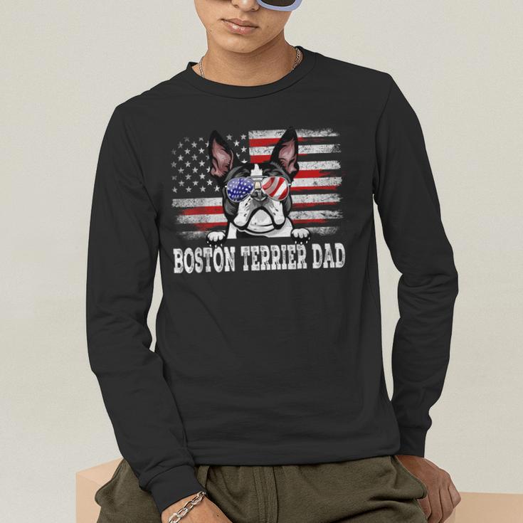 Vintage Boston Terrier Dad American Flag Father's Day Men's Long Sleeve T-Shirt, funny gift