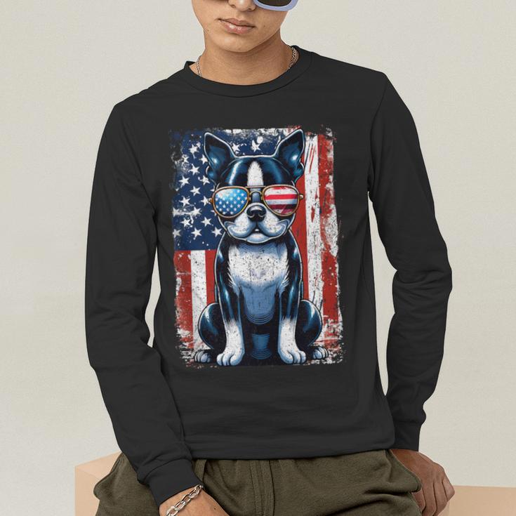 Vintage Boston Terrier Dog American USA US Flag Pets Lovers Tank Top Men's Long Sleeve T-Shirt, funny gift