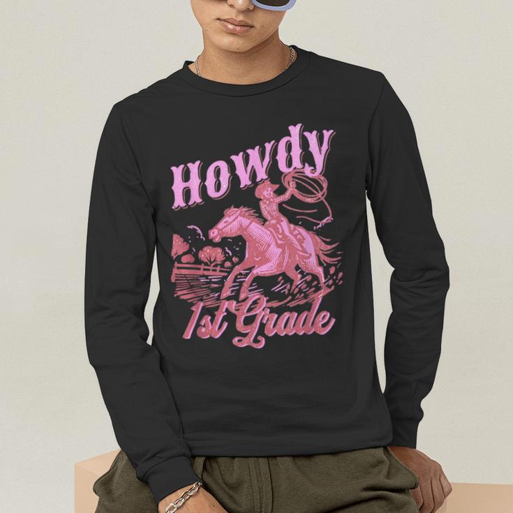 Vintage Howdy First Grade Cowgirl Teacher Western School Men's Long Sleeve T-Shirt, funny gift