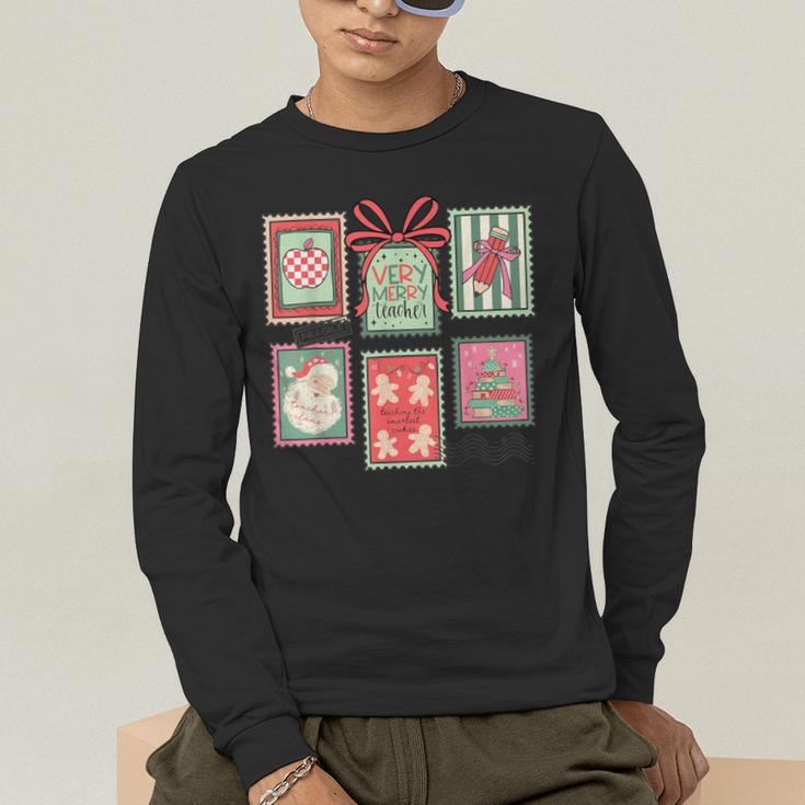 Vintage Preppy Very Merry Teacher Santa Stamps Christmas Men's Long Sleeve T-Shirt, funny gift Vintage Preppy Very Merry Teacher Santa Stamps Christmas Men's Long Sleeve T-Shirt, funny gift