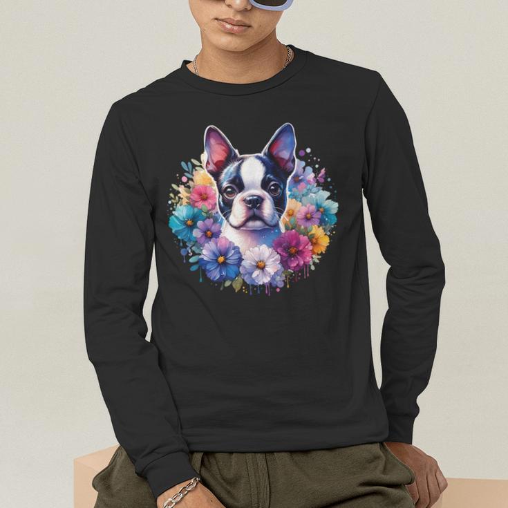 Watercolor Floral Boston Terrier Mama Dog Lover Mother's Day Men's Long Sleeve T-Shirt, funny gift
