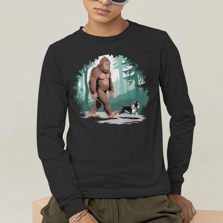 Whimsical Forest Adventures Sasquatch Bigfoot Walking Boston Terrier Dog Lovers Men's Long Sleeve T-Shirt, funny gift