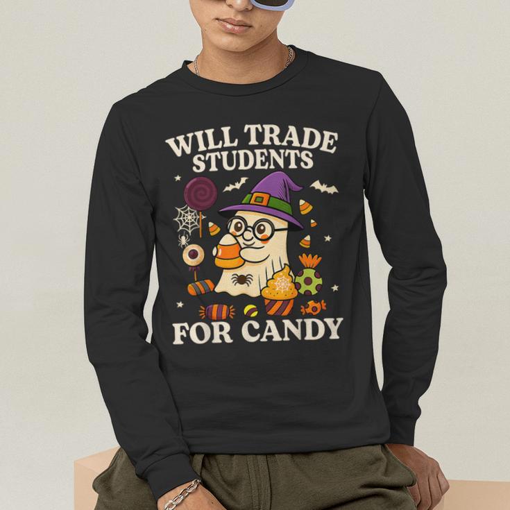 Will Trade Students For Candy Teacher Ghost Halloween Men's Long Sleeve T-Shirt, funny gift Will Trade Students For Candy Teacher Ghost Halloween Men's Long Sleeve T-Shirt, funny gift