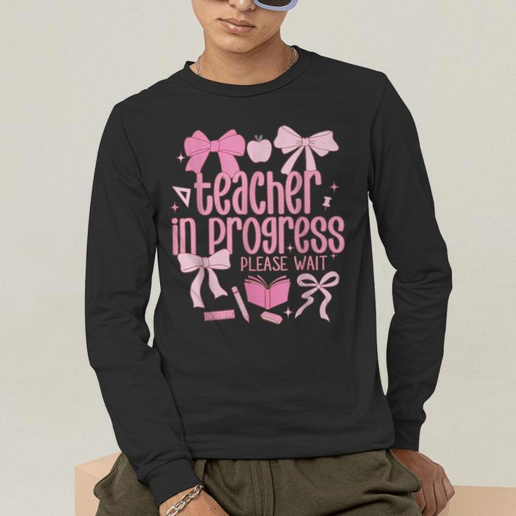 Women Teacher In Progress Coquette Pink Bow Future Teacher Men's Long Sleeve T-Shirt, funny gift Women Teacher In Progress Coquette Pink Bow Future Teacher Men's Long Sleeve T-Shirt, funny gift
