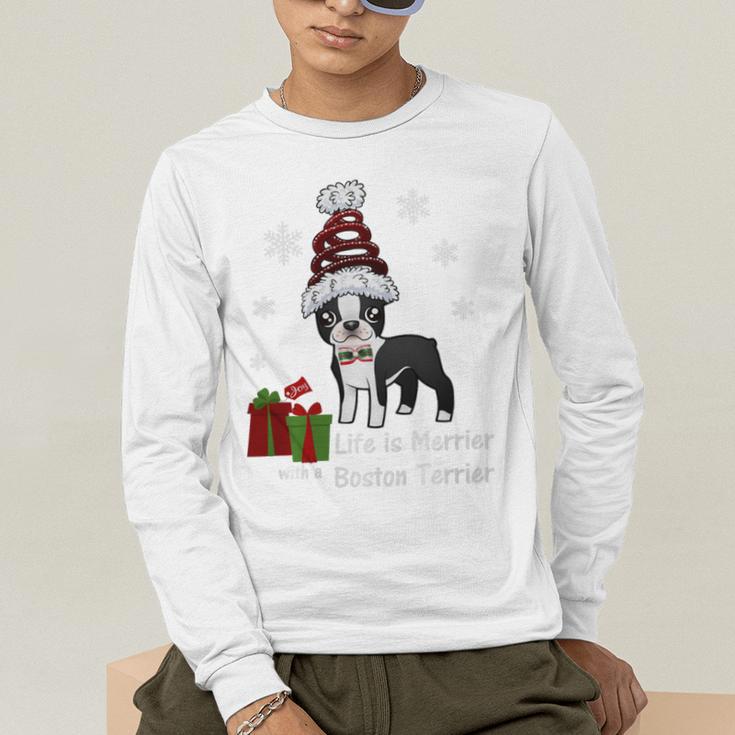 Boston Terrier Christmas T Shirt-Life Is Merrier Premium Tri-Blend Men's Long Sleeve T-Shirt, funny gift