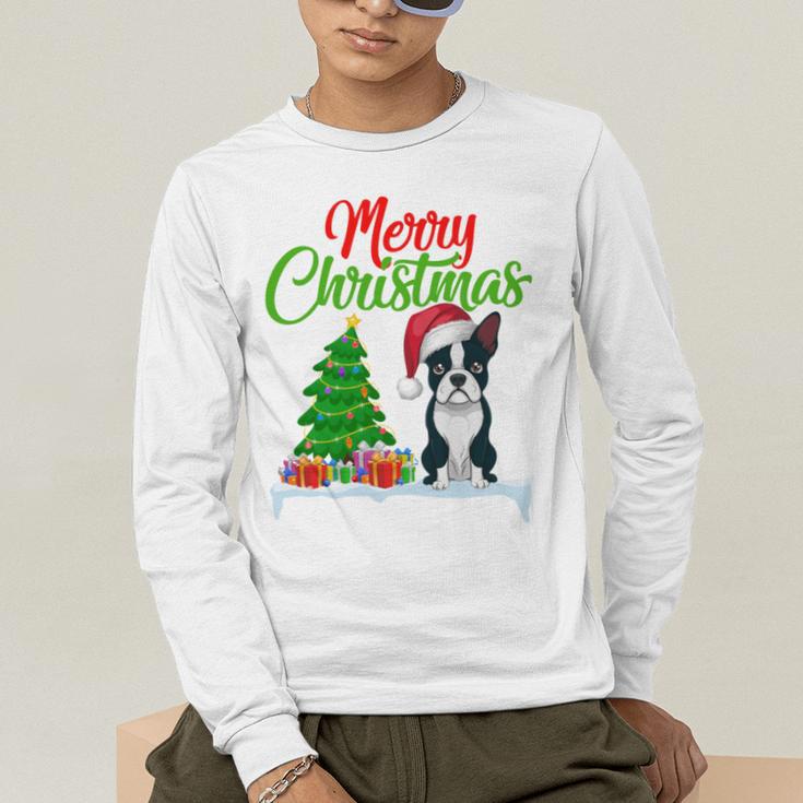Boston Terrier Christmas Tree Lights Xmas Dog Lover Men's Long Sleeve T-Shirt, funny gift