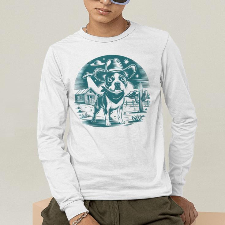 Boston Terrier Cowboy UFO Shirt Vintage Western Dog Mom Tee Men's Long Sleeve T-Shirt, funny gift